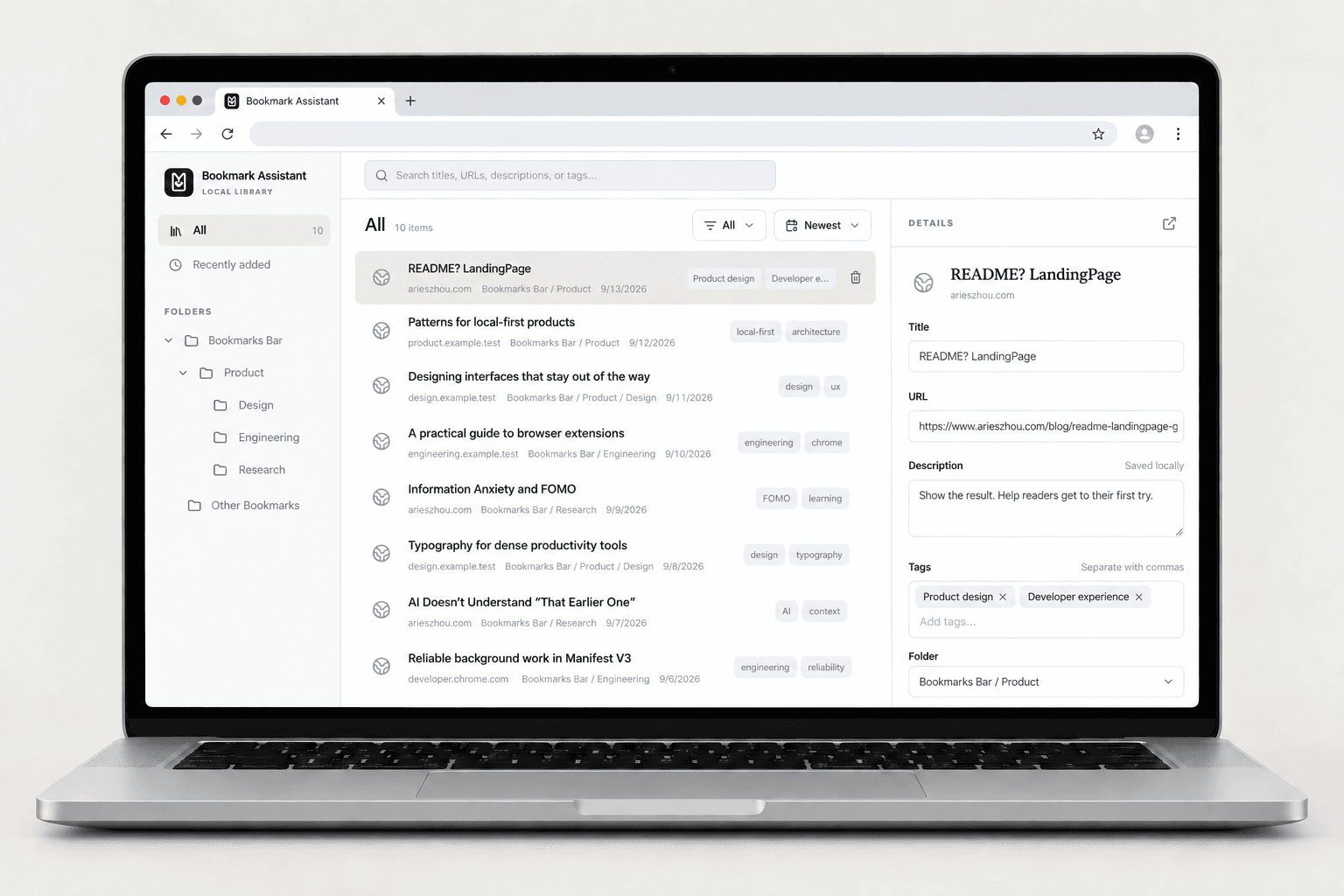 Bookmark Assistant local Chrome bookmark manager showing search, folders, descriptions, and tags